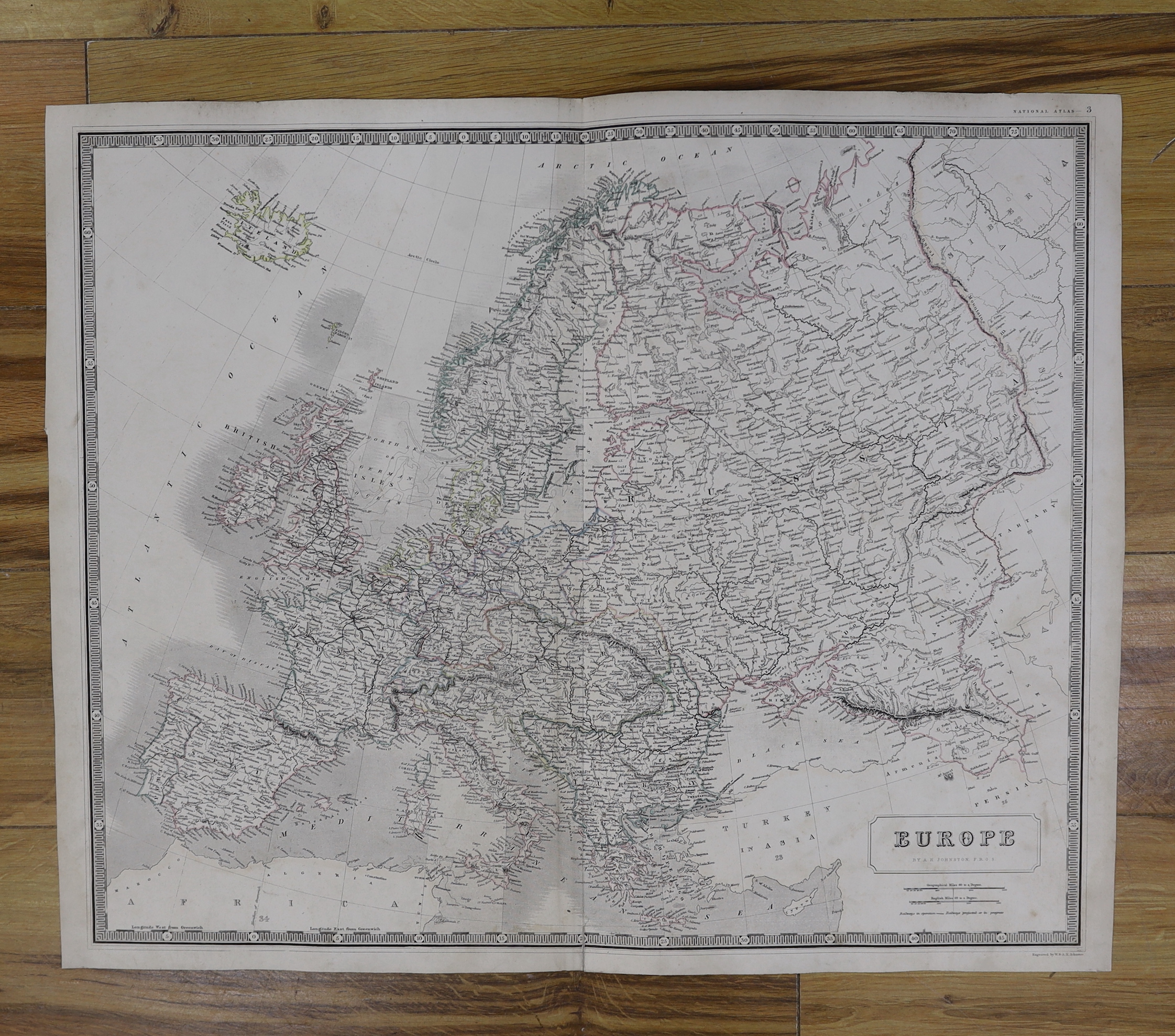 Eight antique unframed maps including Europe and Belgium by A K Johnston, Austrian Dominions, for Thomson’s New General Atlas 1816 and Empire D’Autriche